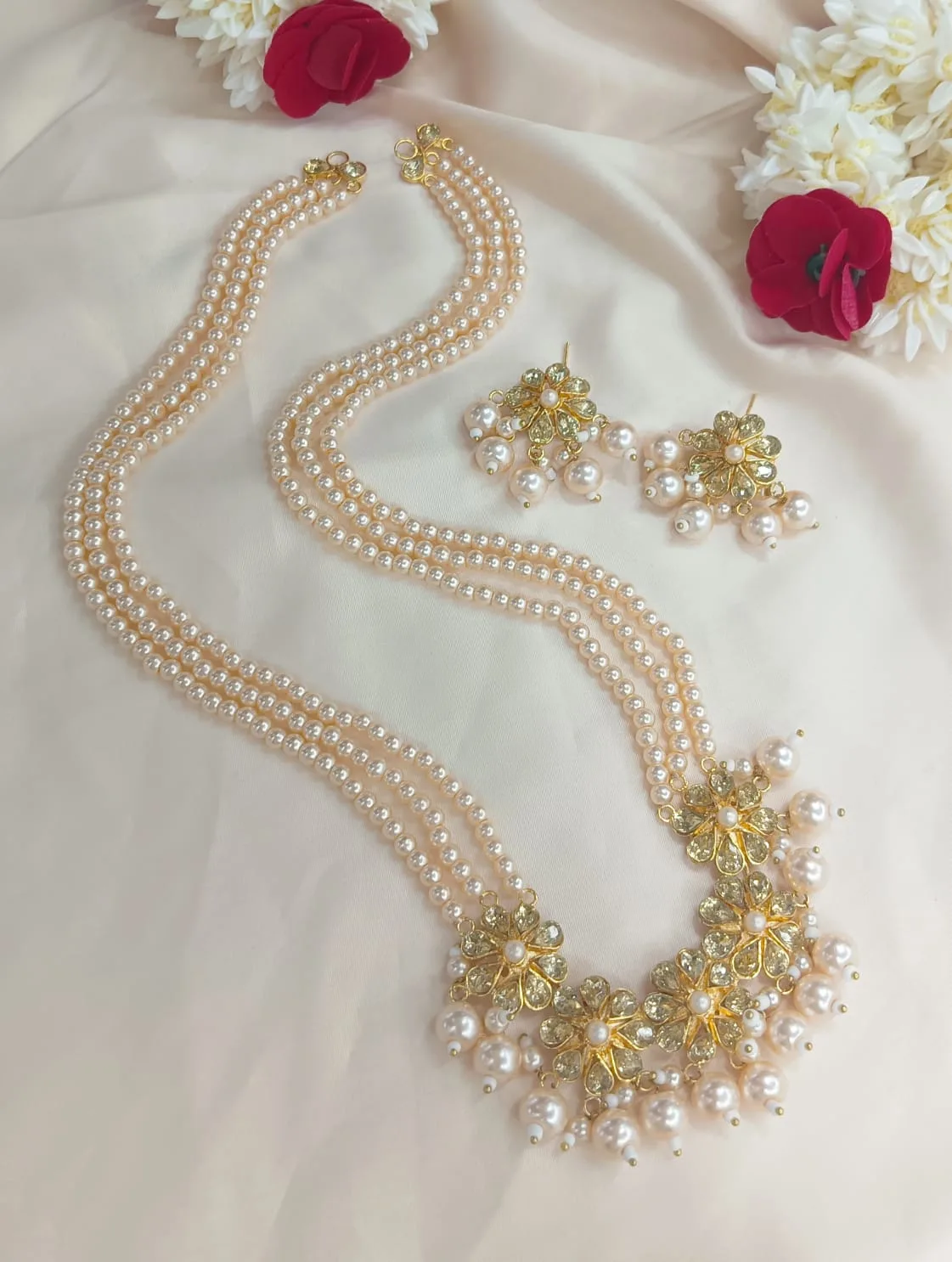 Kundan and Pearl Flower Designed Multi-Layered Long Necklace Set
