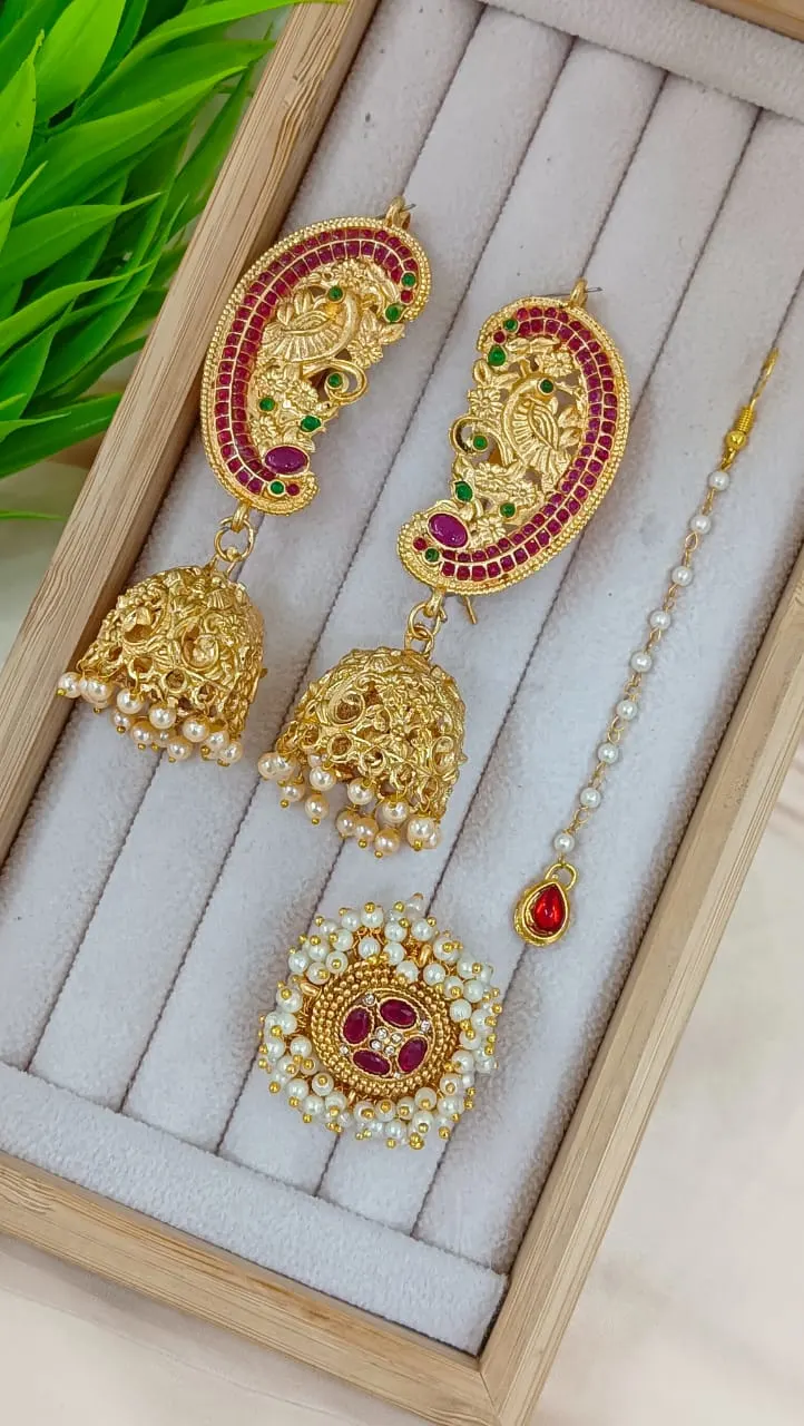 Temple Jewelry Jhumka Earring and Ring Set with Maang Tikka