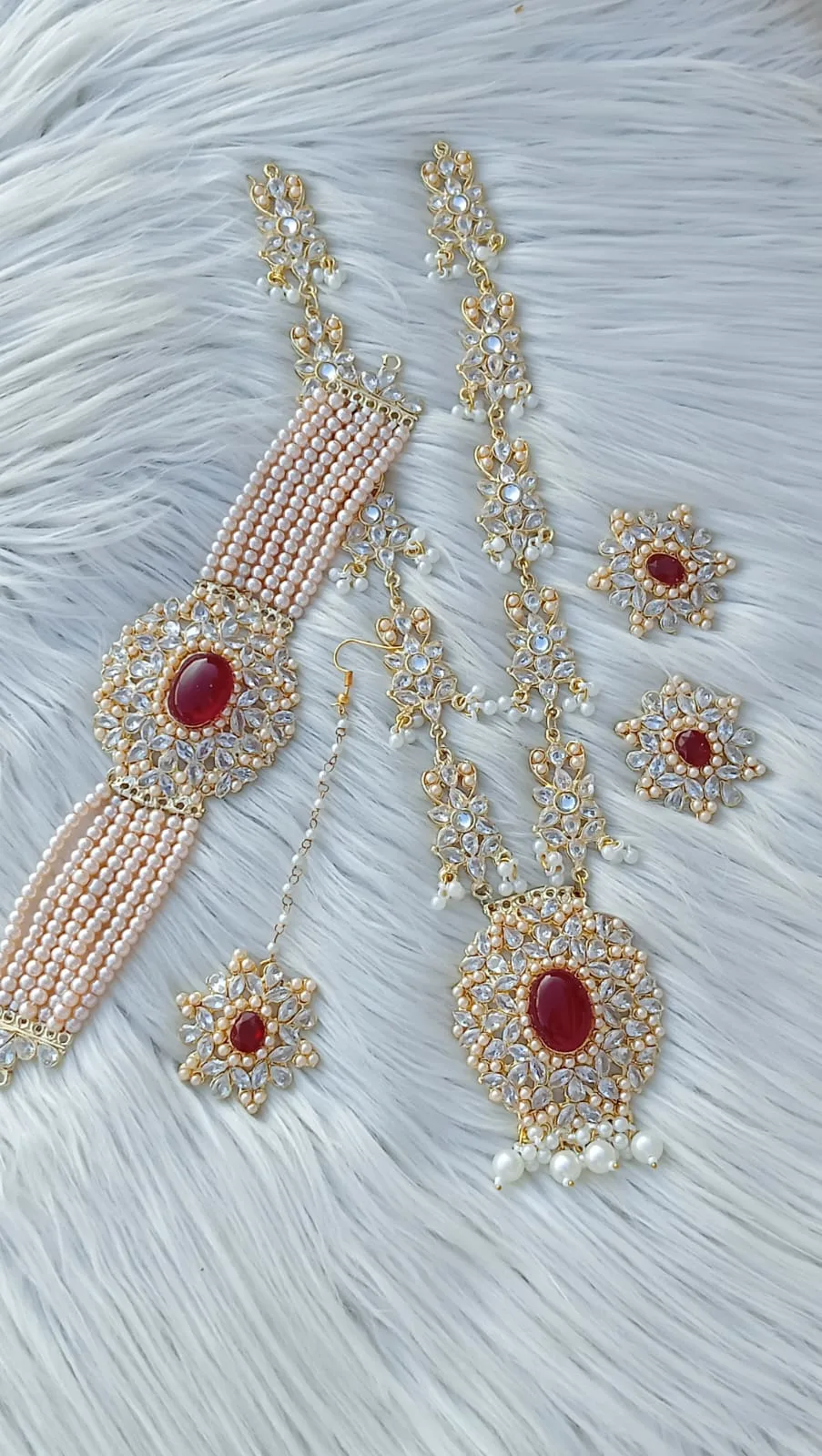 Pearl and White Stone Studded Ruby Mega Bridal Set