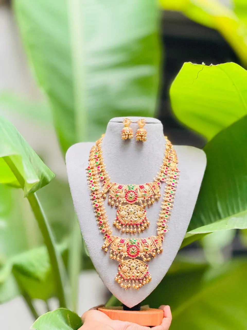 Heavy Antique Gold-Plated Double Layered Temple Necklace Set