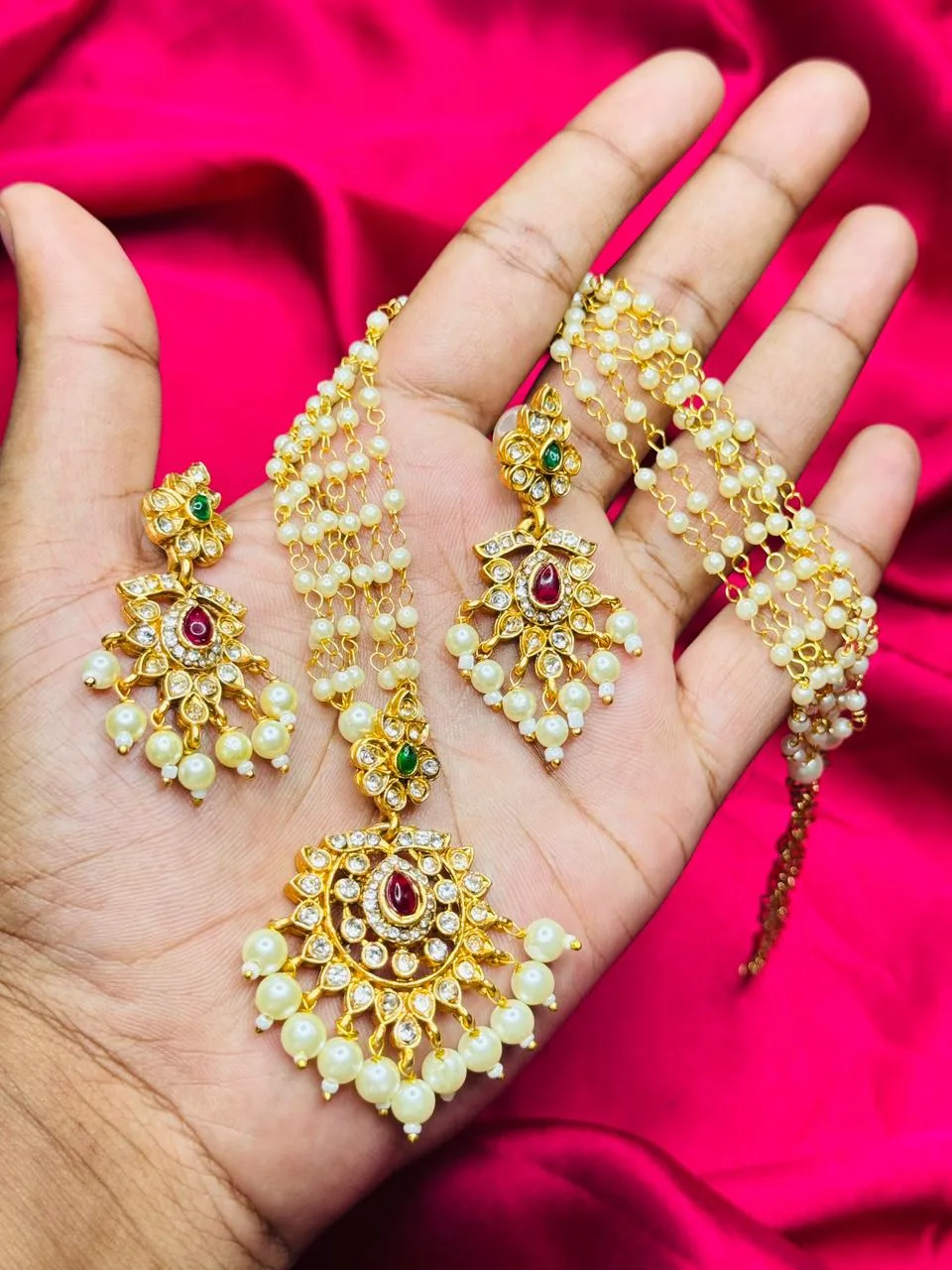 Kundan and Pearl Pendant Necklace Set with Multi-Layer Chain Kundan and Pearl Pendant Necklace Set with Multi-Layer Chain