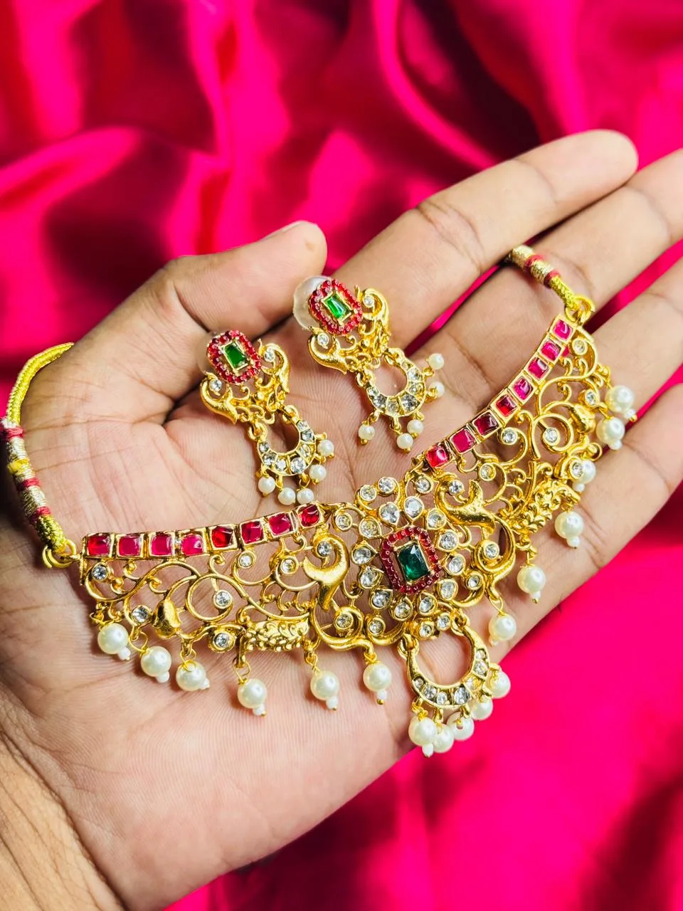 Antique Filigree Choker with Ruby, Emerald, AD Stones, and Pearl Drops