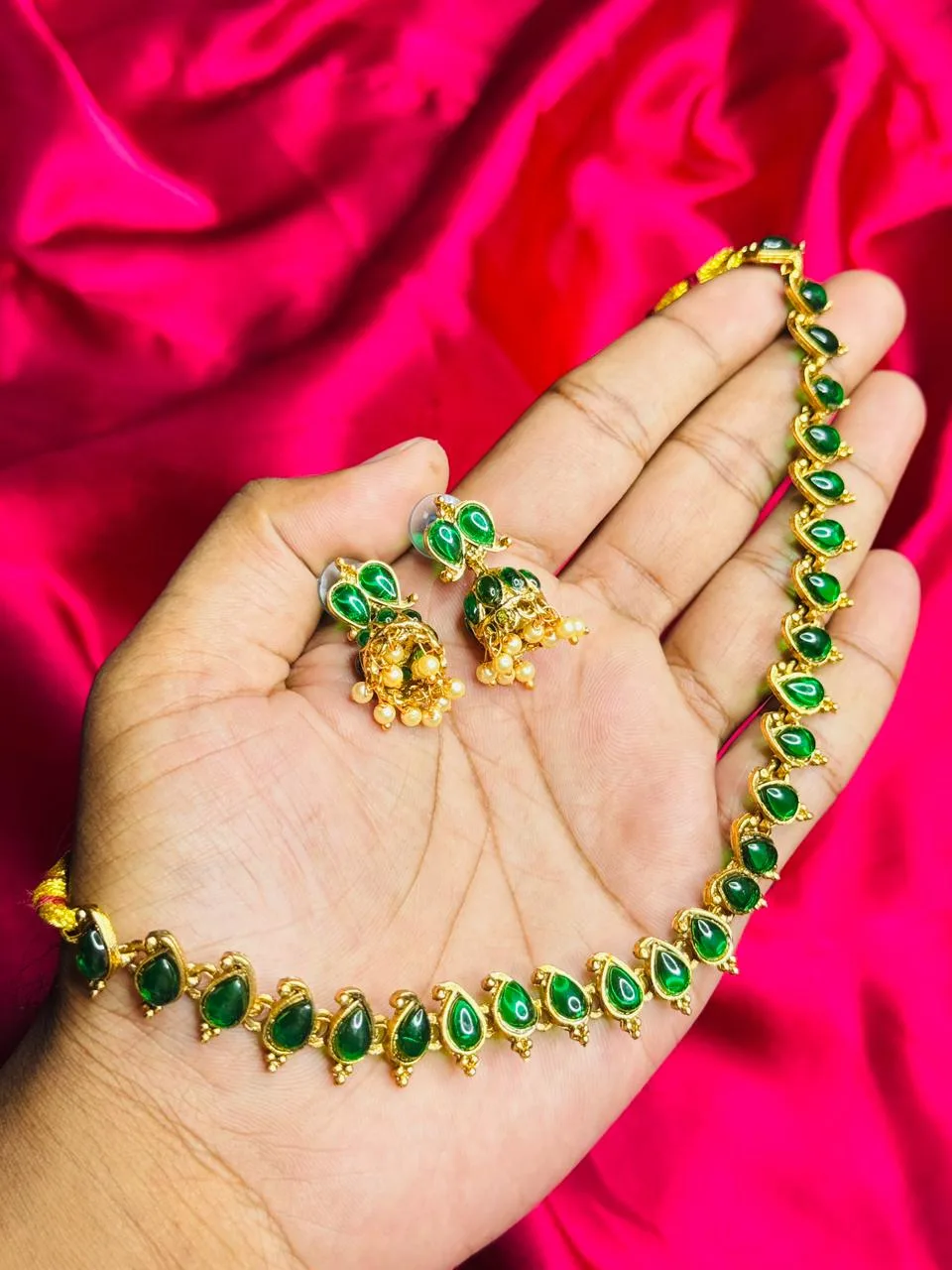 Gold-Plated Teardrop Green Stone Choker with Small Jhumka Set