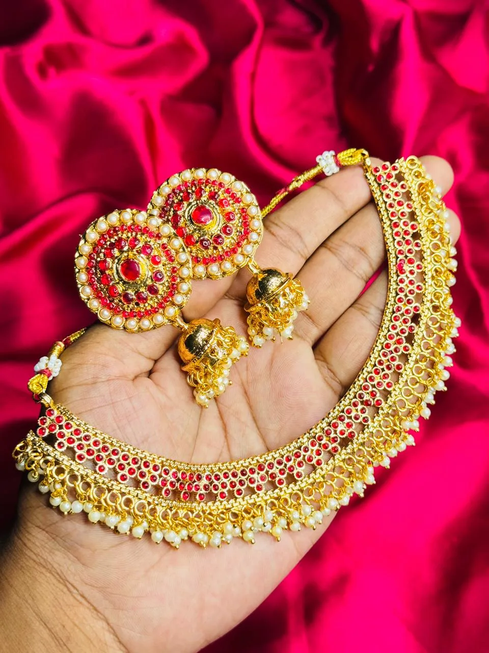 Heavy Antique Gold-Plated Choker and Jhumka Set (Red Stones and Pearl Drops)