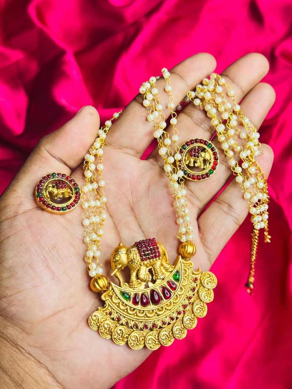 Antique Temple Jewellery Elephant and Crescent Pendant Set with Pearl Chain Antique Temple Jewellery Elephant and Crescent Pendant Set with Pearl Chain