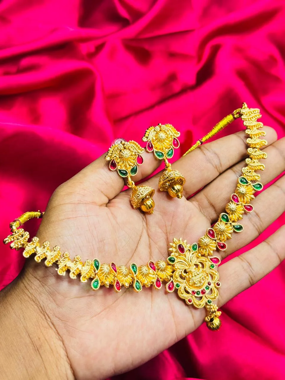 Antique Gold-Plated Floral Choker with Ruby and Emerald Stone Accents and Jhumka Set