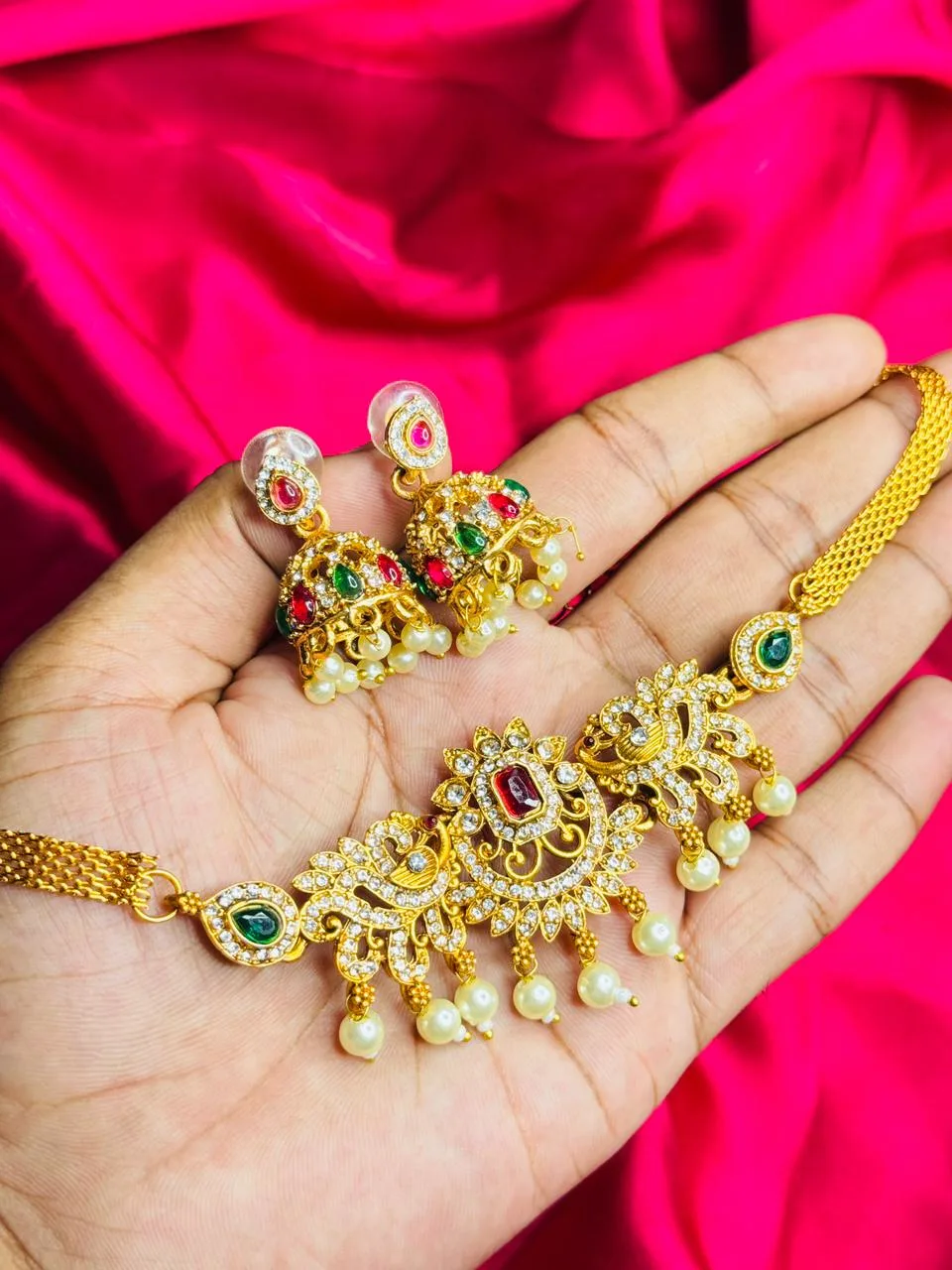 Antique Gold-Plated Choker with AD Stones, Ruby, Emerald, and Jhumka Set