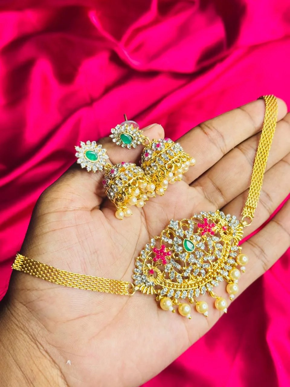 AD Stone and Kundan Choker with Jhumka Earrings (Green and Pink) AD Stone and Kundan Choker with Jhumka Earrings (Green and Pink)