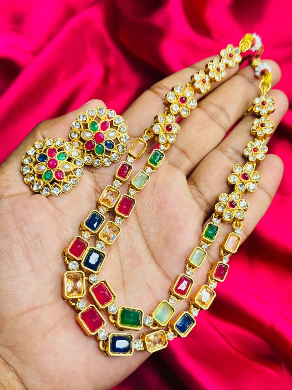 Gold-Plated Double Layer Necklace Set with Multi-Colored Square Kundan Stones Gold-Plated Double Layer Necklace Set with Multi-Colored Square Kundan Stones