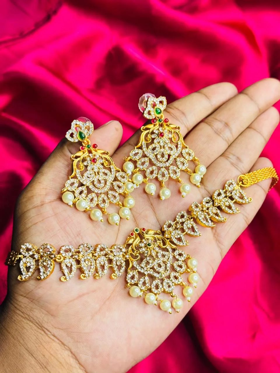 Heavy AD Stone and Pearl Choker and Chandbali Earring Set
