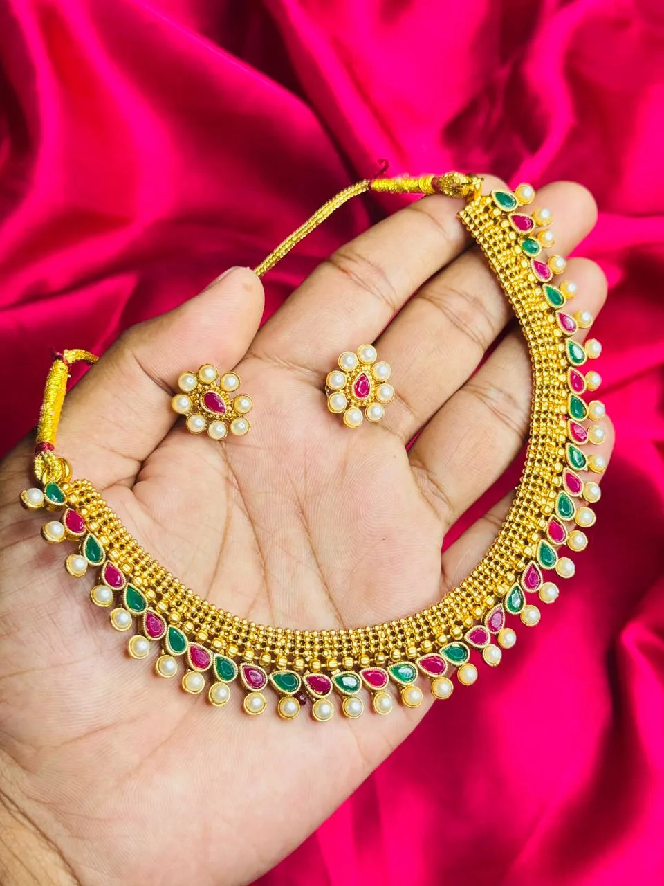 Antique Gold-Plated Choker with Ruby, Emerald, and Pearl Drops