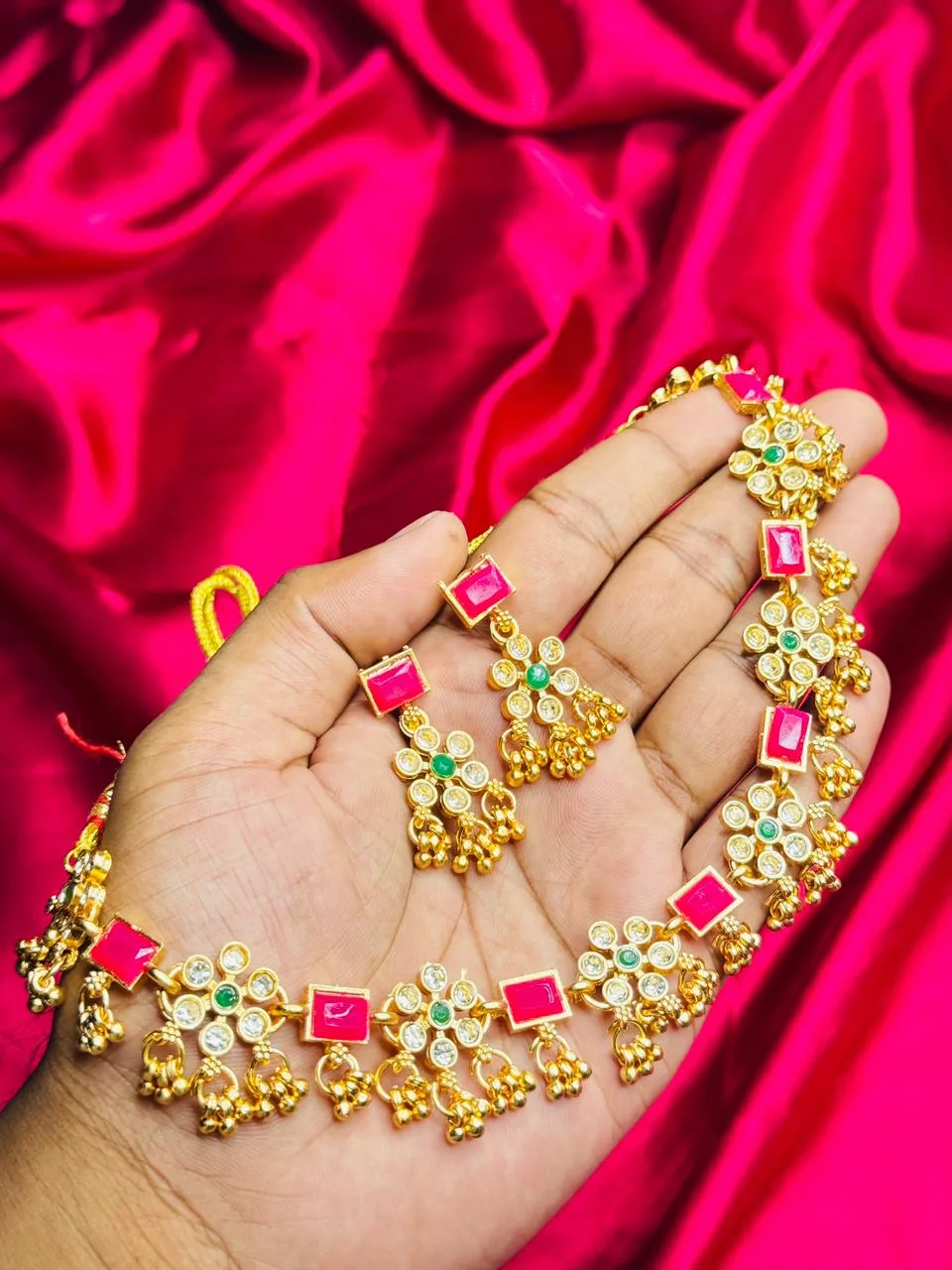 Pink Stone and Kundan Choker with Jhumka Earrings