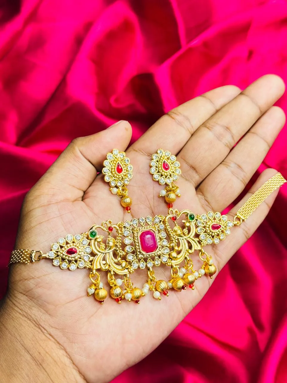 Antique Kundan and Ruby Choker with Peacock Motifs and Pearl Drops