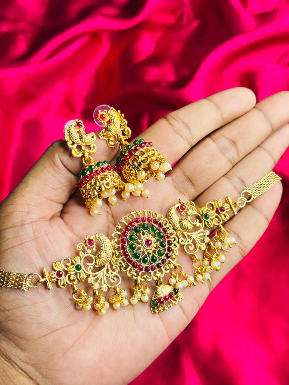 Antique Gold-Plated Peacock and Floral Choker with Jhumka Set Antique Gold-Plated Peacock and Floral Choker with Jhumka Set