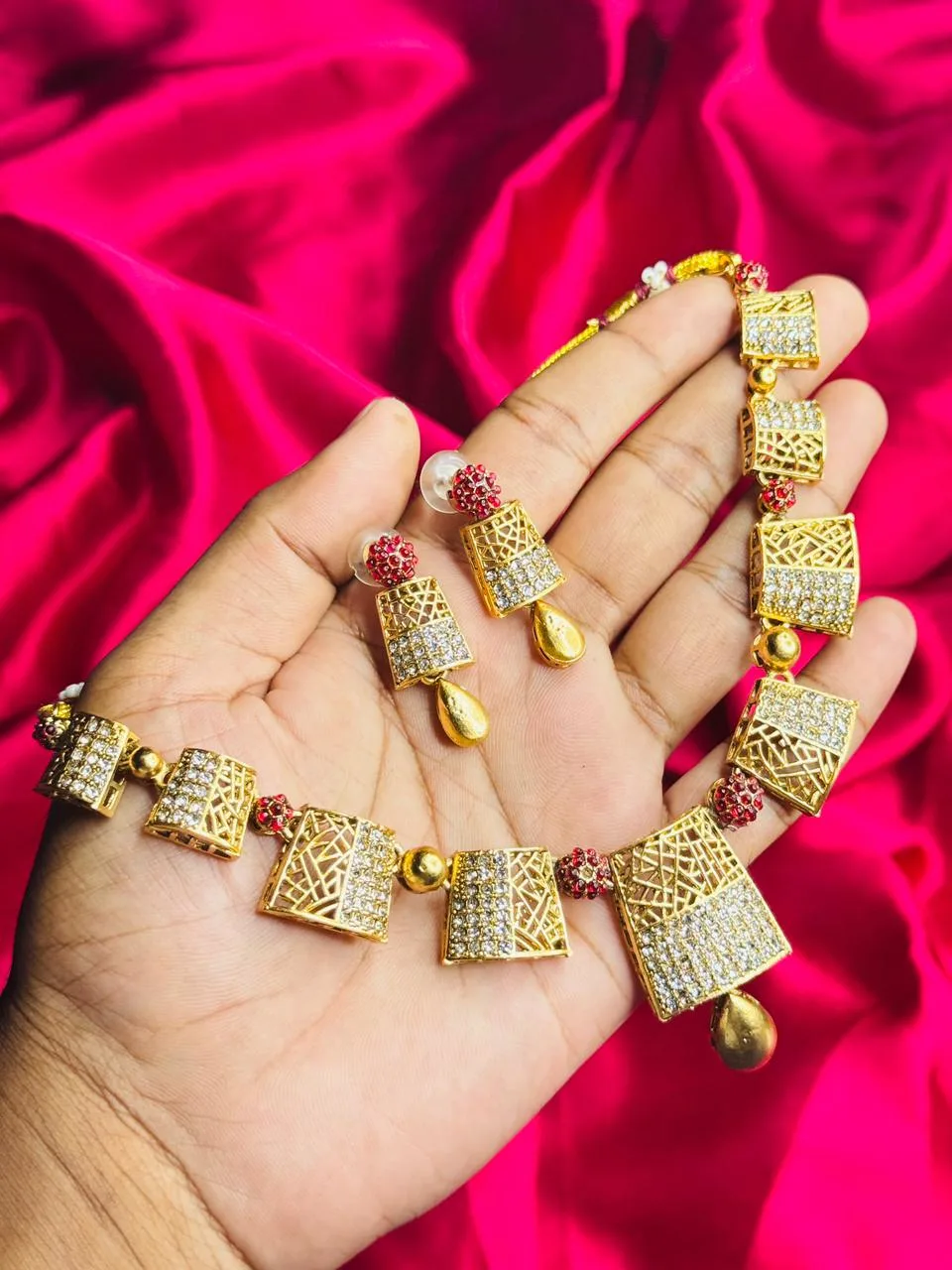 Contemporary Geometric Choker with AD Stones and Ruby Accents Contemporary Geometric Choker with AD Stones and Ruby Accents