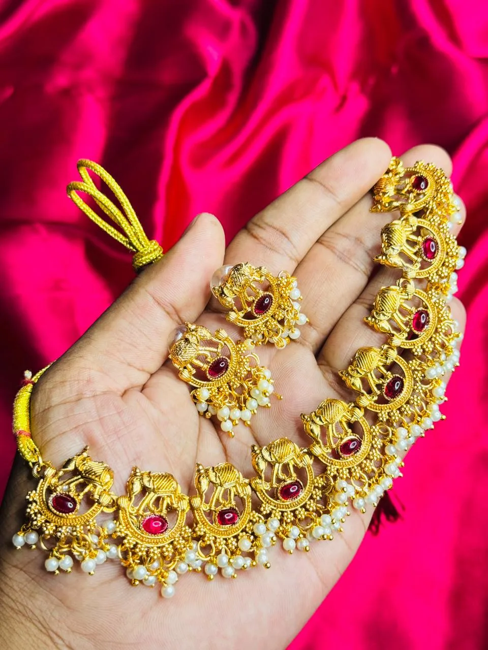 Antique Gold-Plated Choker with Ruby Stone and Pearl Drops