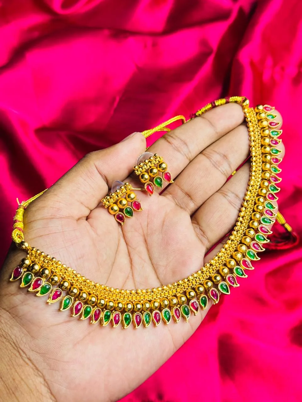 Antique Gold-Plated Drop Choker with Red and Green Stones Antique Gold-Plated Drop Choker with Red and Green Stones