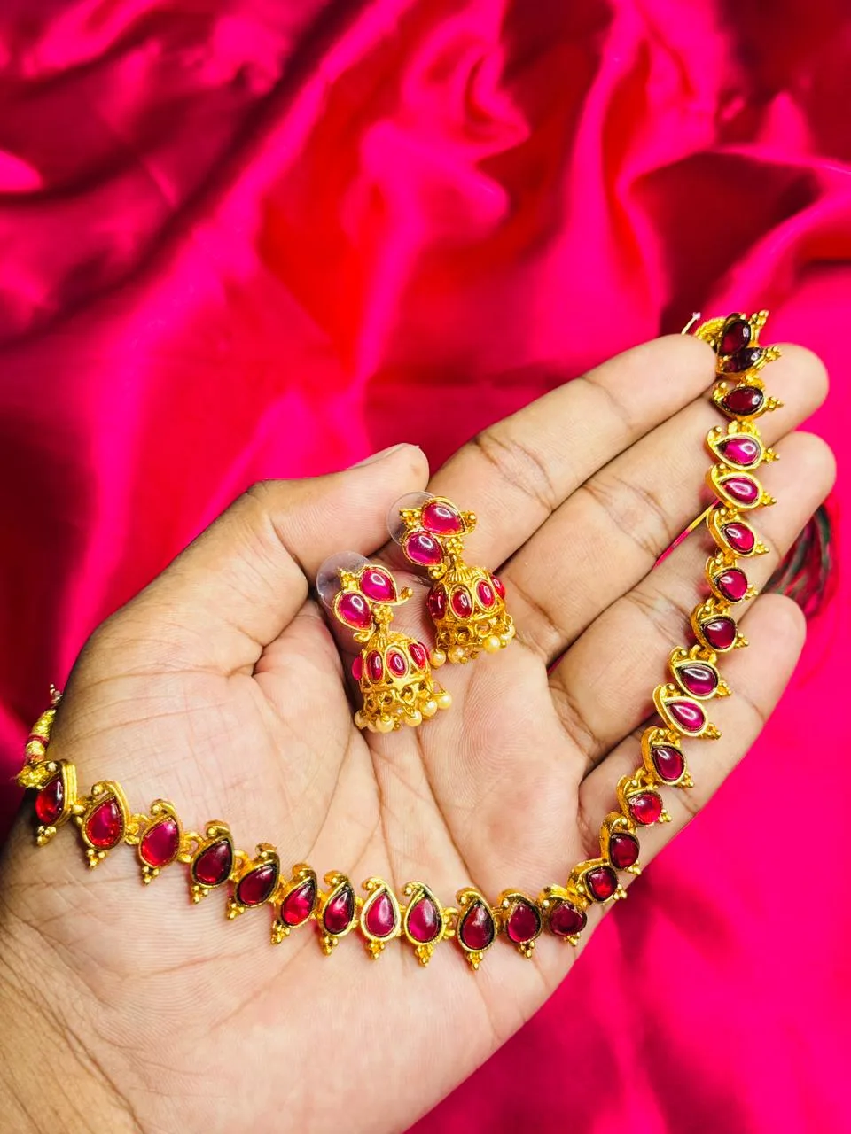 Gold-Plated Teardrop Ruby Stone Choker and Jhumka Set
