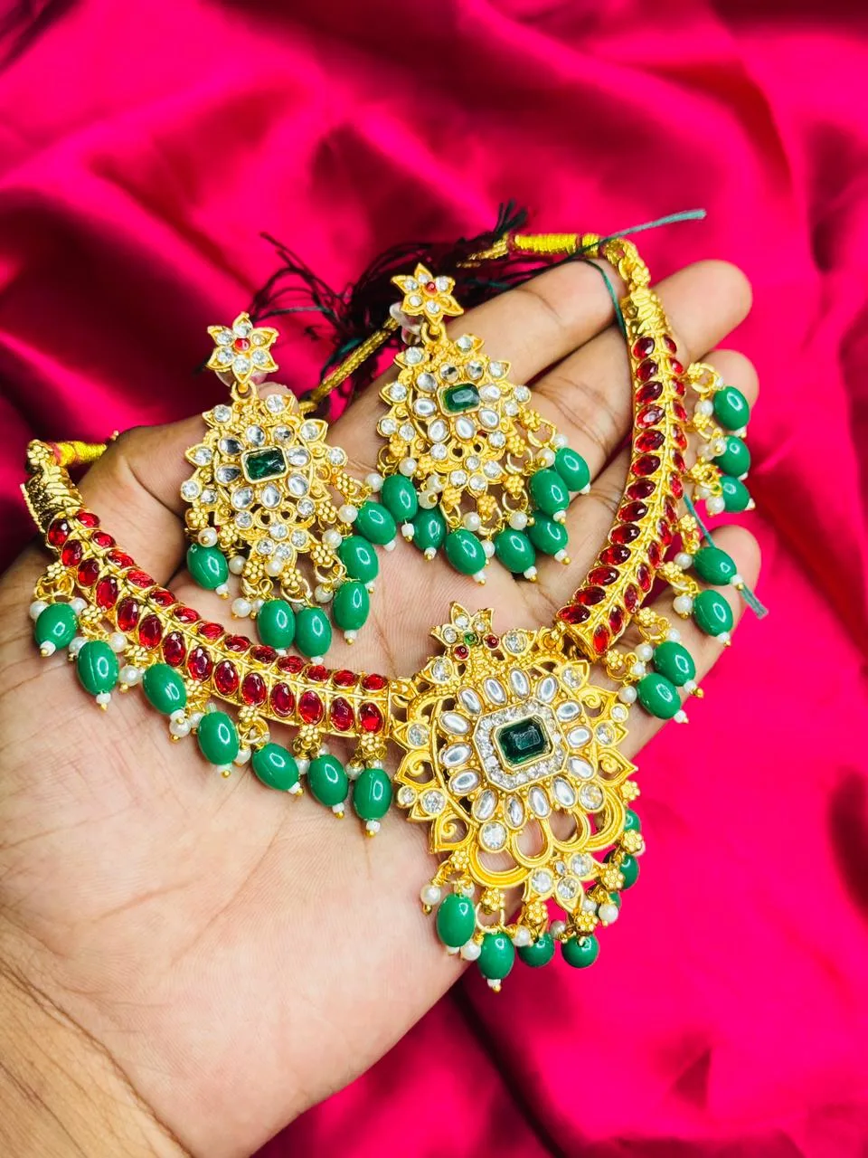 Heavy Antique Kundan Choker with Ruby, Emerald Drops, and Green Beads Heavy Antique Kundan Choker with Ruby, Emerald Drops, and Green Beads