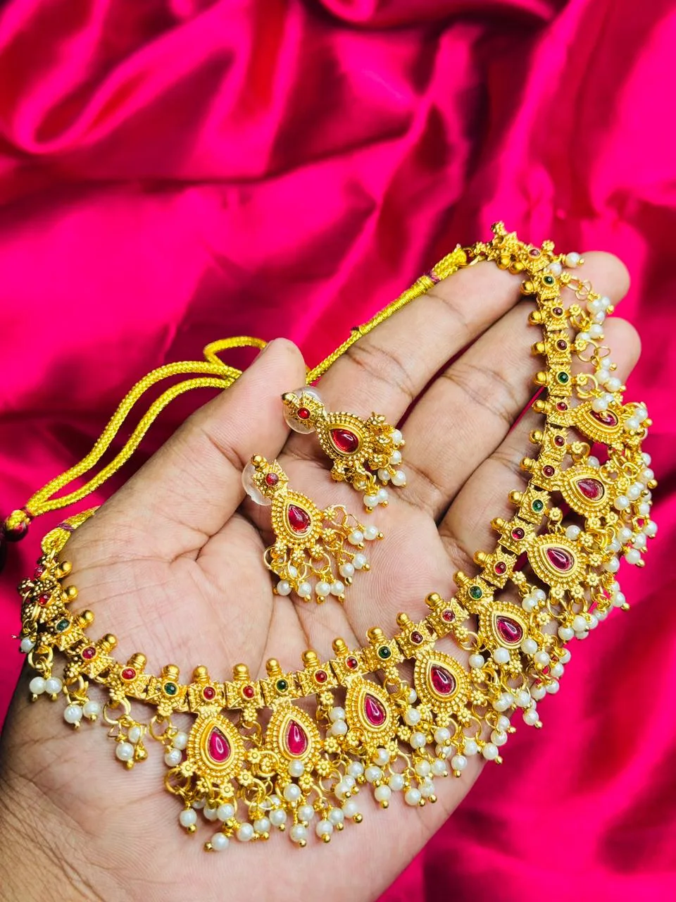 Heavy Antique Gold-Plated Choker with Ruby, Emerald, and Pearl Drops