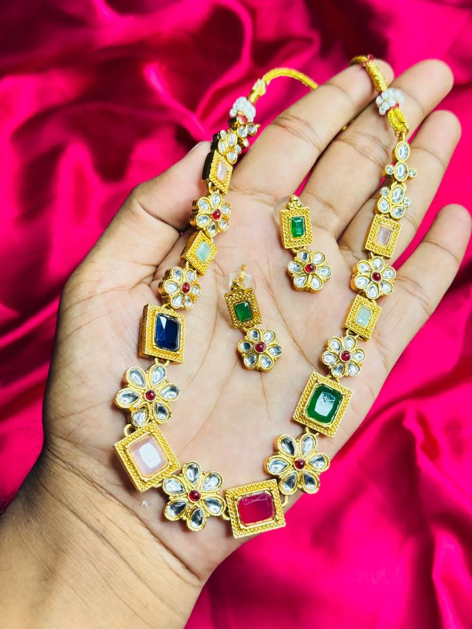 Gold-Plated Kundan Choker with Multi-Colored Square and Floral Stones