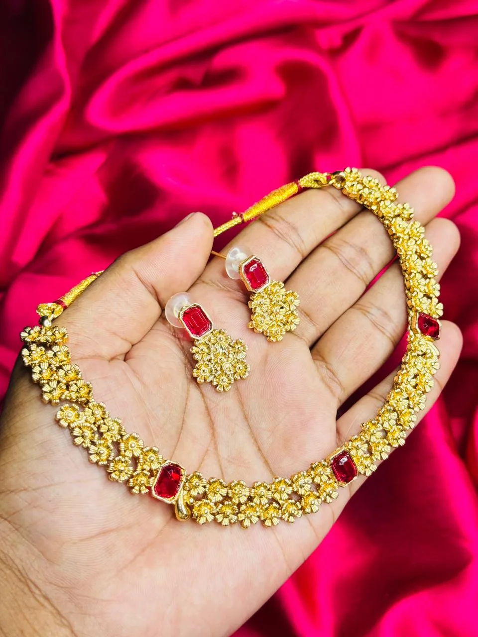 Antique Gold-Plated Flower Choker with Ruby Stone Accents Antique Gold-Plated Flower Choker with Ruby Stone Accents